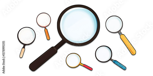 Collection of colorful magnifying glass icons with different handles for search tools analysis and investigation design elements