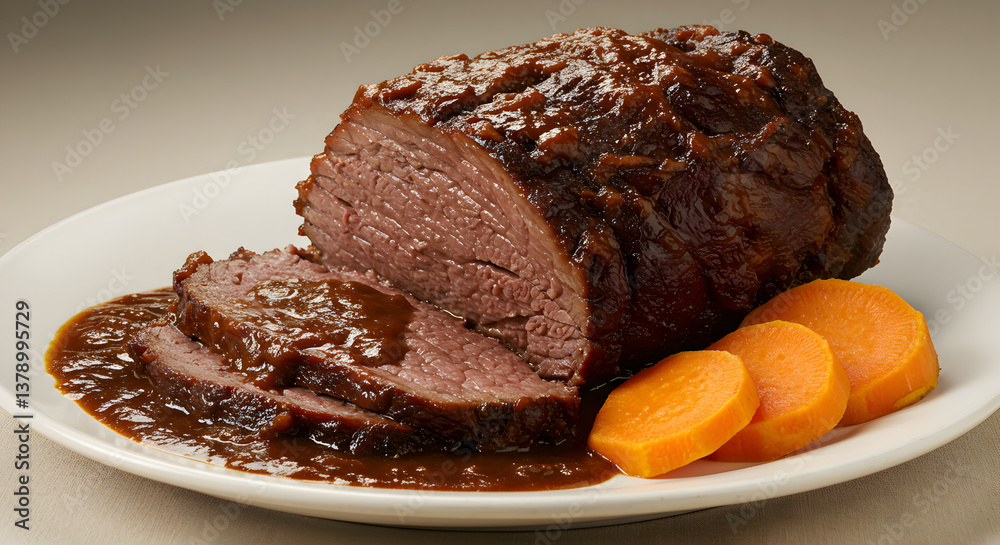 Exquisite Venezuelan Asado Negro with Sweet Potato Accompaniment on White Plate Exquisite Venezuelan Asado Negro with Sweet Potato Accompaniment on White Plate