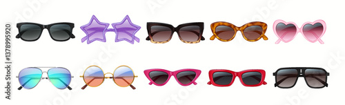 A diverse collection of sunglasses featuring an array of frame designs, including star and heart shapes, in multiple colors, showcasing style and fashion trends.