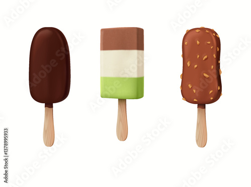 Three delicious ice cream popsicles with different coatings and flavors. One is chocolatecovered, another is striped with multiple layers, and the last one has nuts.