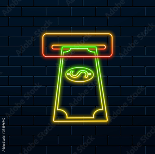 Payment symbol. Withdraw money from an ATM. neon style. with bills item Cash payment Financial icons Flat style in vector illustration