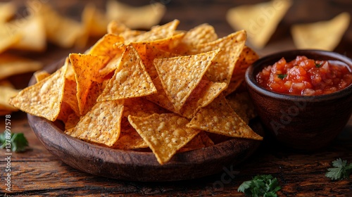 A bowl of tortilla chips and salsa on a wooden table photo