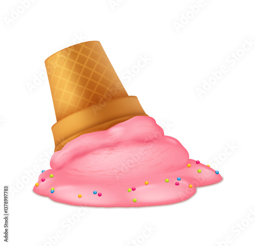 Illustration of an overturned pink ice cream cone with colorful sprinkles melting on a white surface. The waffle cone is partially embedded in the melted ice cream.