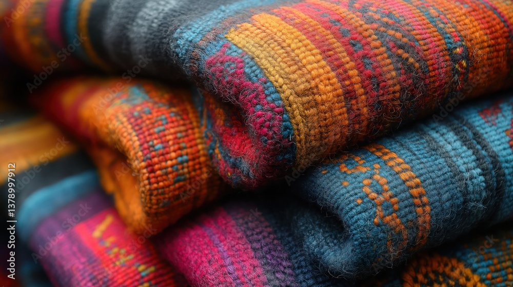 Colorful textile fabric with traditional south american pattern, detailed craftsmanship Colorful textile fabric with traditional south american pattern, detailed craftsmanship