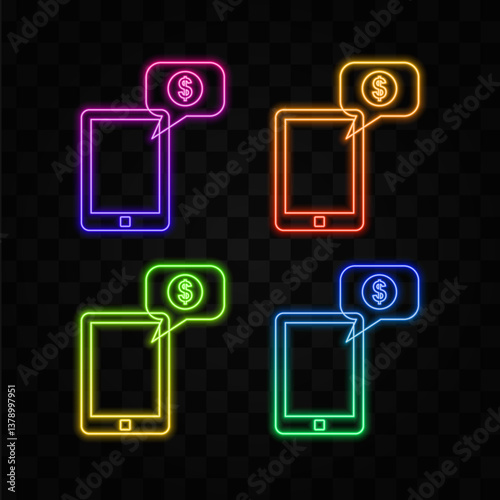 simple vector of phone money transfer icon. send money. neon style.