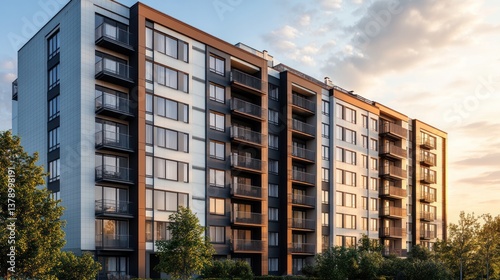 A modern multi story residential apartment building under a bright sky