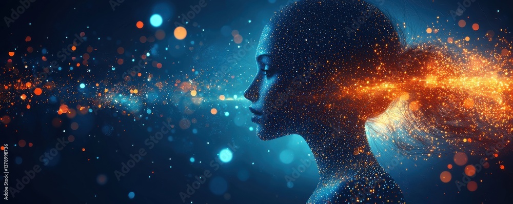 Fototapeta premium Digital profile silhouette with glowing particles depicting technology and human connectivity