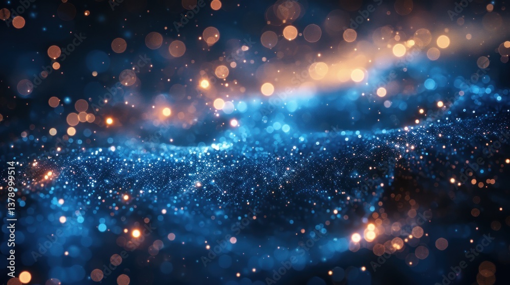 Fototapeta premium Abstract digital art, sparkling, blue, waves, glowing lights, dark background