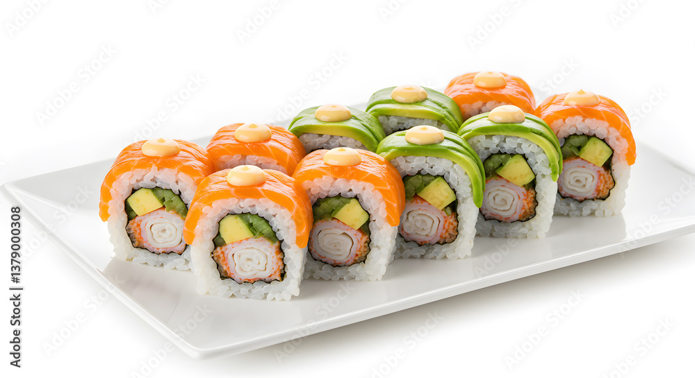 California rolls arrangement on a pristine white plate perfect for culinary presentation California rolls arrangement on a pristine white plate perfect for culinary presentation