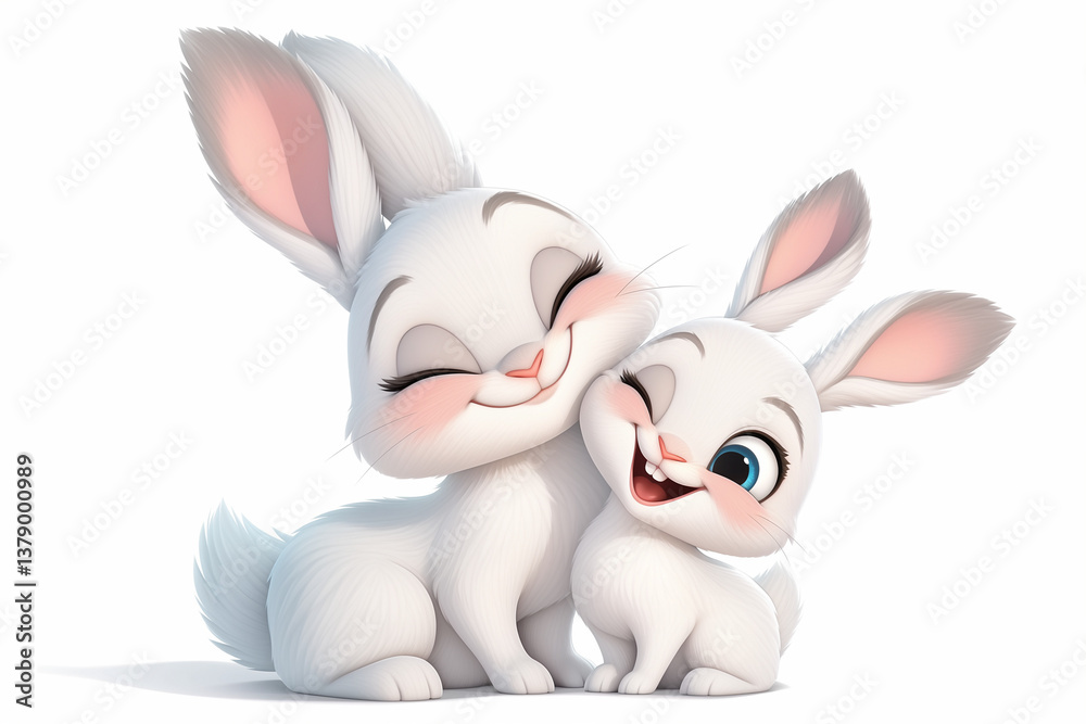 Fototapeta premium Cute happy smiling mom and baby white rabbits isolated on white background, 3d illustration for children