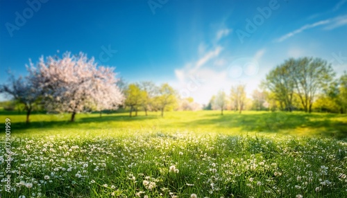 beautiful blurred spring background nature with blooming glade trees and blue sky on a sunny day