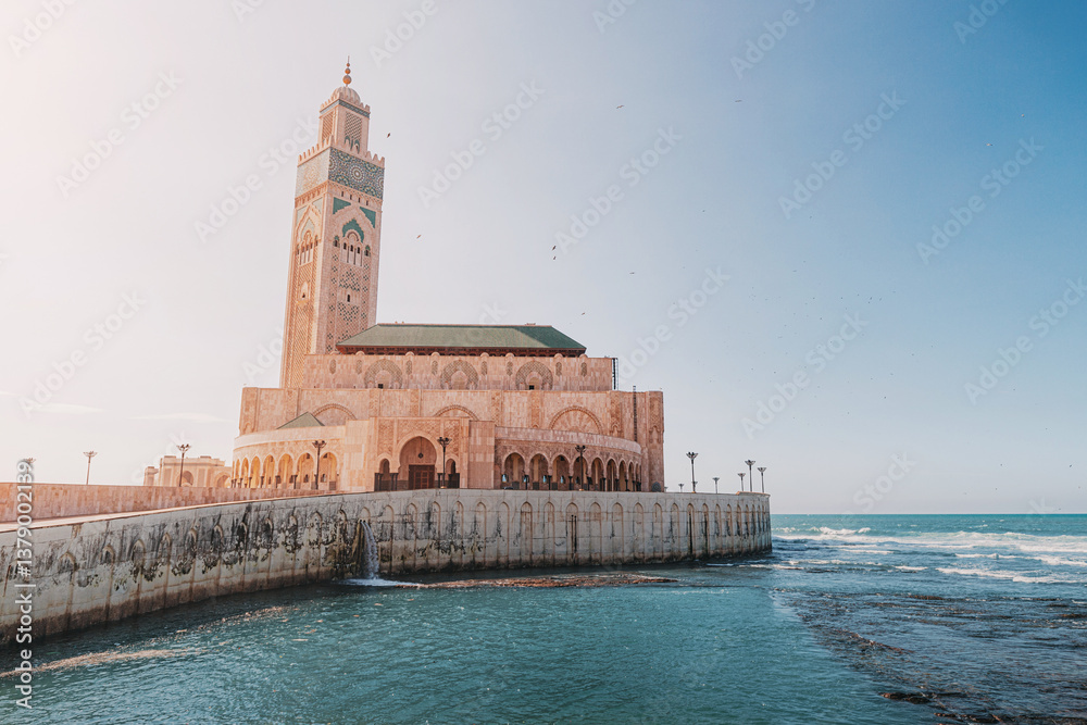 Majestic Hassan II Mosque standing on the coast of Casablanca, Morocco, with its minaret reaching towards the sky