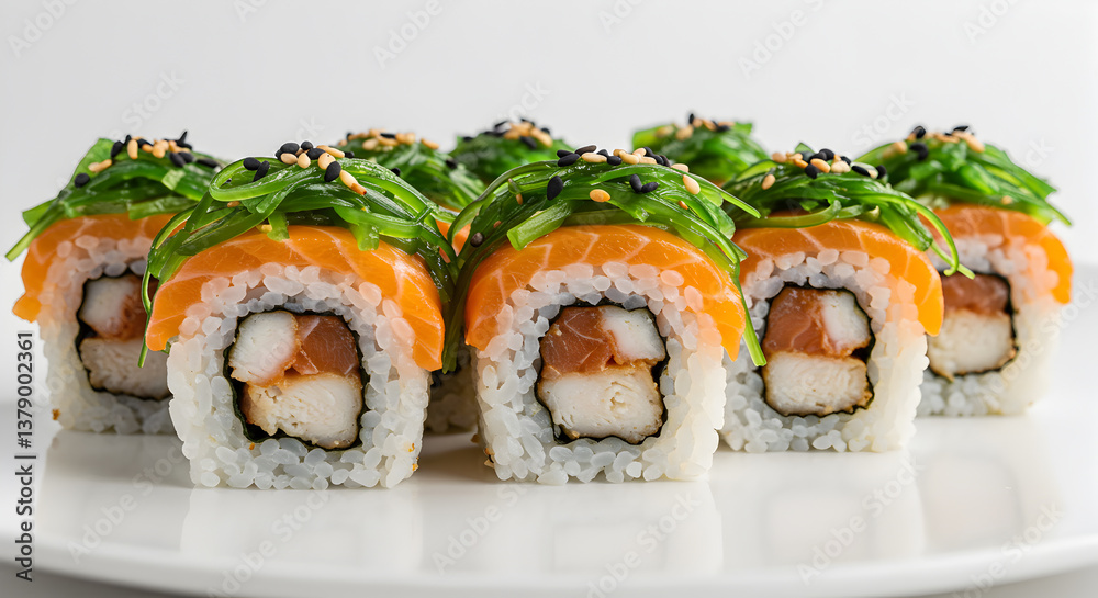 Exquisite salmon sushi rolls topped with seaweed salad and sesame seeds Exquisite salmon sushi rolls topped with seaweed salad and sesame seeds