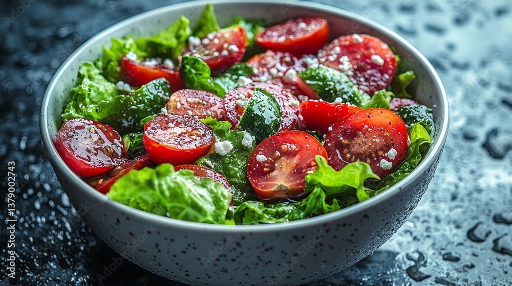 A bowl of salad with tomatoes and feta cheese A bowl of salad with tomatoes and feta cheese