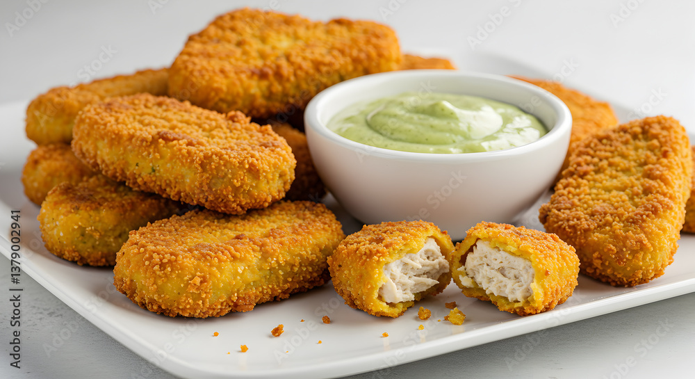 Golden vegan chicken nuggets served with creamy avocado dipping sauce close-up shot Golden vegan chicken nuggets served with creamy avocado dipping sauce close-up shot
