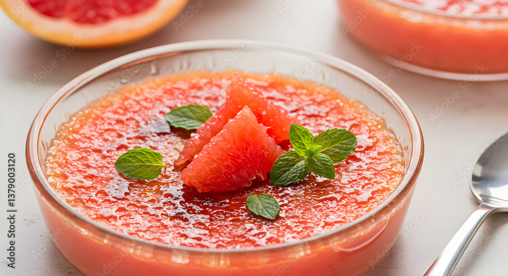 Exquisite grapefruit br?l?e with delicate mint garnish and caramelized crust Exquisite grapefruit br?l?e with delicate mint garnish and caramelized crust
