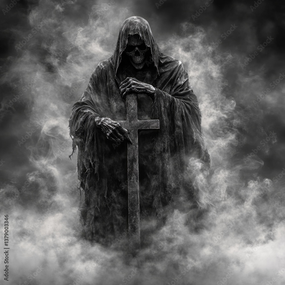 A grim reaper holding a cross in the fog
