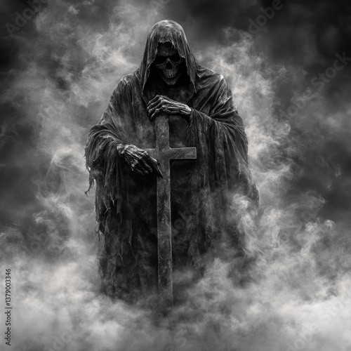 Obraz na płótnie A grim reaper holding a cross in the fog w salonie