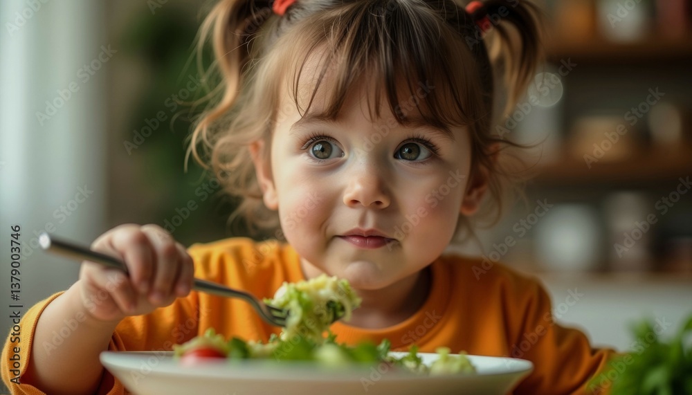 A young girl is eating a salad with a fork. She is smiling and she is enjoying her meal A young girl is eating a salad with a fork. She is smiling and she is enjoying her meal