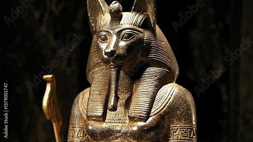 Ancient Egyptian cat statue with intricate details representing feline goddess in a dimly lit museum setting
