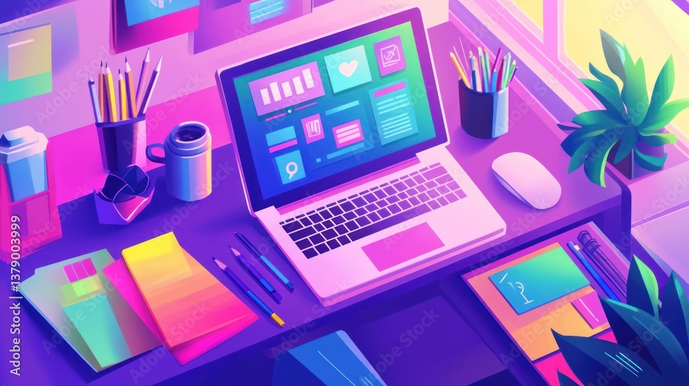 Colorful desk with laptop and supplies, digital interface in background. Design workspace Colorful desk with laptop and supplies, digital interface in background. Design workspace