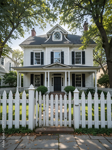a white picket fence encircles this historic colonial style home which is located in a residential neighborhood in a historic town