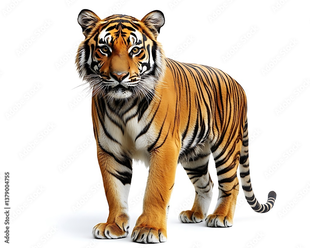 Obraz premium A majestic tiger standing on a plain white background is illustrated