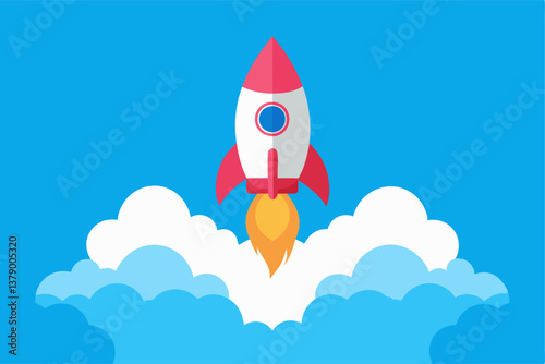 rocket ship launching blue sky filled clouds, aspiration dream science future