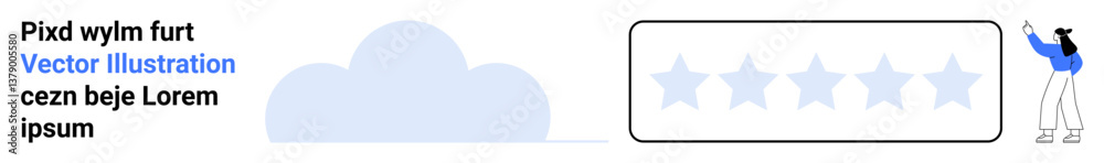 Human figure gesturing toward star rating system, cloud shape, and placeholder text. Ideal for feedback, rating, online reviews, evaluation, mobile interface, customer satisfaction simple landing Human figure gesturing toward star rating system, cloud shape, and placeholder text. Ideal for feedback, rating, online reviews, evaluation, mobile interface, customer satisfaction simple landing