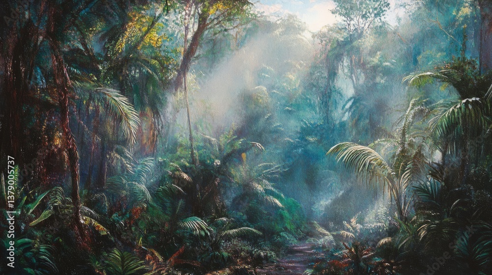 A vibrant rainforest with mist rising in the early morning, showcasing biodiversity and untouched nature generative ai A vibrant rainforest with mist rising in the early morning, showcasing biodiversity and untouched nature generative ai