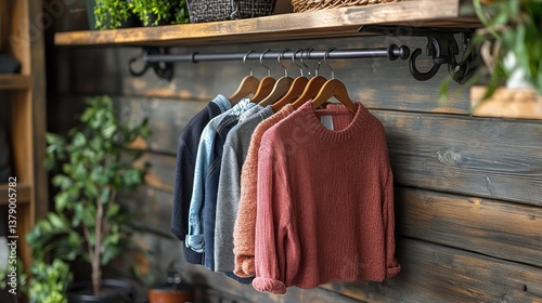 Wooden wall display of clothes on hangers in a shop