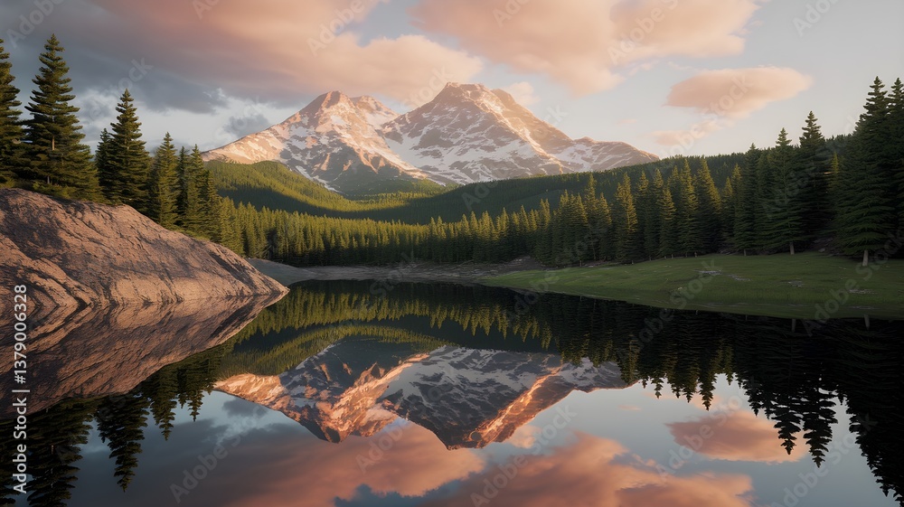 Obraz premium Mountain lake scene reflecting snow-capped peaks at sunrise. A serene landscape of natural beauty with forest and calm water.