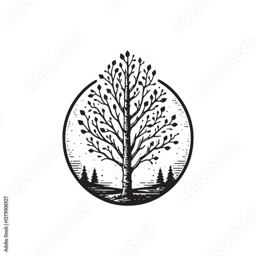 Aspen Tree Mature Tree Vector Icon – Vintage Logo & Rustic Illustration