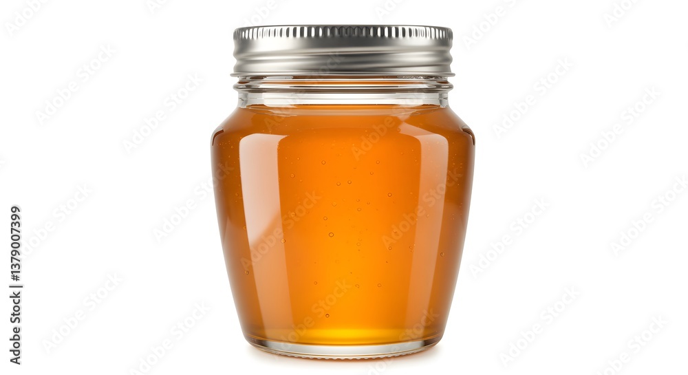 A jar filled with golden liquid stands on a white background, its metal lid gleaming, inviting thoughts of sweetness and natural goodness. A jar filled with golden liquid stands on a white background, its metal lid gleaming, inviting thoughts of sweetness and natural goodness.