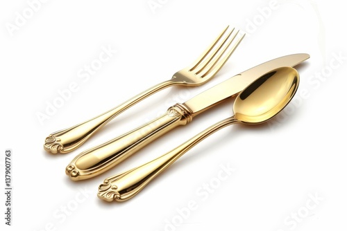 Luxurious gold flatware set presented on a bright white surface, ideal for celebrations