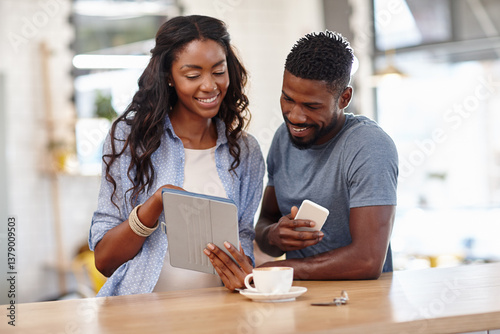 Technology, couple and happy with tablet in cafe for online post, internet research or showing web news. Black people, smile and bonding in coffee shop with social media streaming, tech app and relax