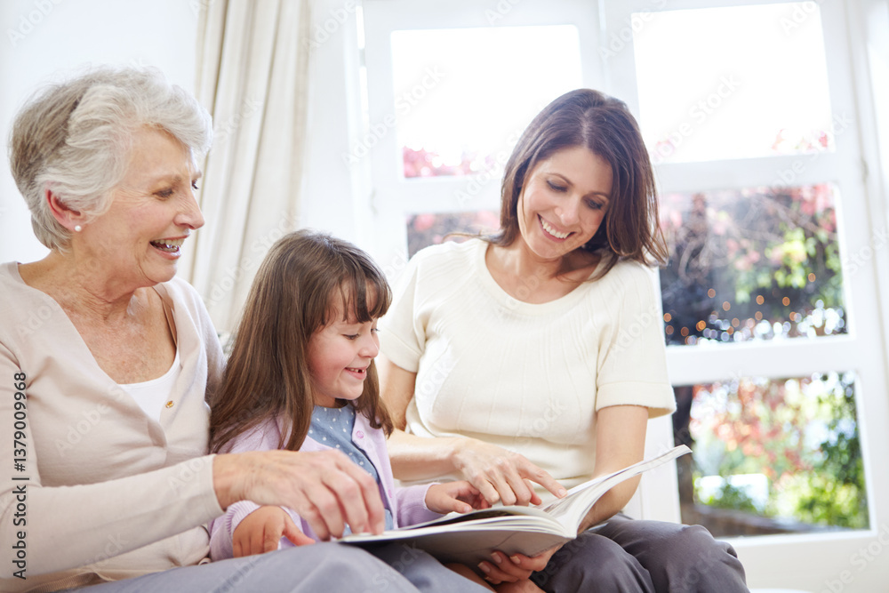 Reading, novel and child with mom and grandmother on sofa in living room for bonding together. Happy, relax and girl with mother and senior woman enjoying fantasy story, book or literature at home. Reading, novel and child with mom and grandmother on sofa in living room for bonding together. Happy, relax and girl with mother and senior woman enjoying fantasy story, book or literature at home.