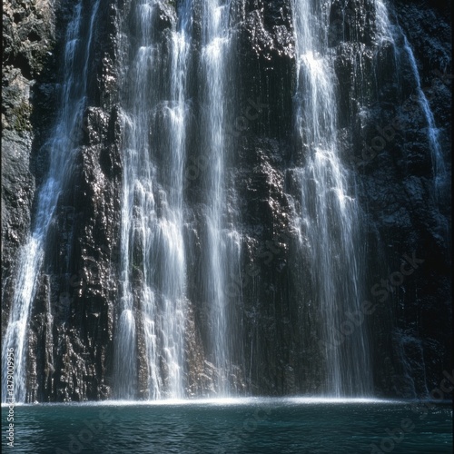 Serene waterfall cascading over rocky cliff into blue pool