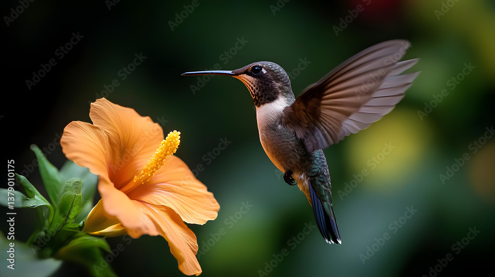 Fototapeta premium A hummingbird hovering over a tropical bloom.