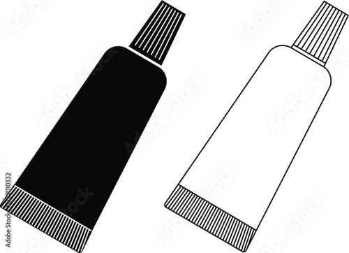 Tube, container, toothpaste, cream icon set. Cosmetic ointment plastic, hand cream packaging vector template isolated background. Adhesive superglue gel tube, eye lash glue package blank, long.
