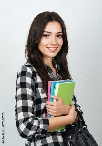 beautiful young female student standing straight holding books and wearing bag.