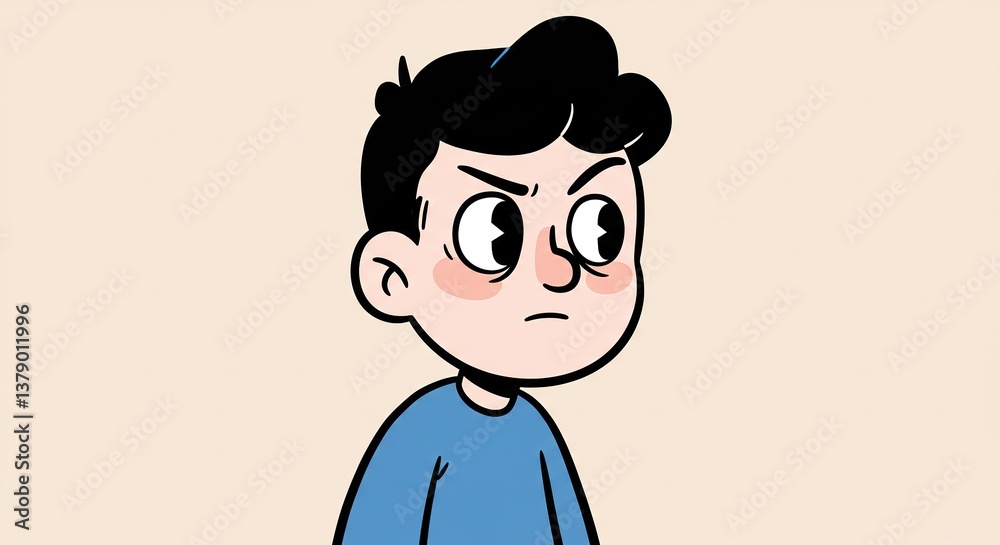 Frustrated Cartoon Boy with Angry Expression, Simple Character Illustration on Light Peach Background, Suitable for Emotion and Childhood Concepts. Frustrated Cartoon Boy with Angry Expression, Simple Character Illustration on Light Peach Background, Suitable for Emotion and Childhood Concepts.