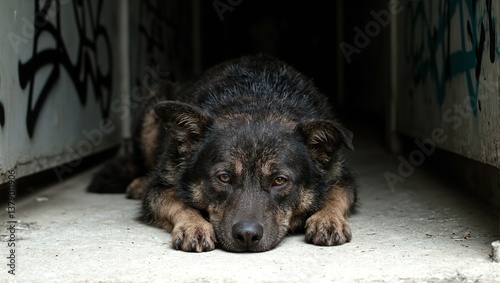 A sad stray dog in a gritty alleyway illuminated by gentle light exuding loneliness and emotion