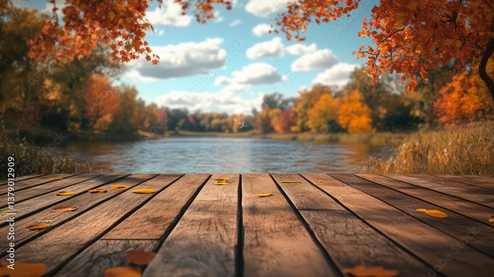 A wooden deck with a plain table faces a serene river, with vibrant autumn leaves in the background. generative ai A wooden deck with a plain table faces a serene river, with vibrant autumn leaves in the background. generative ai