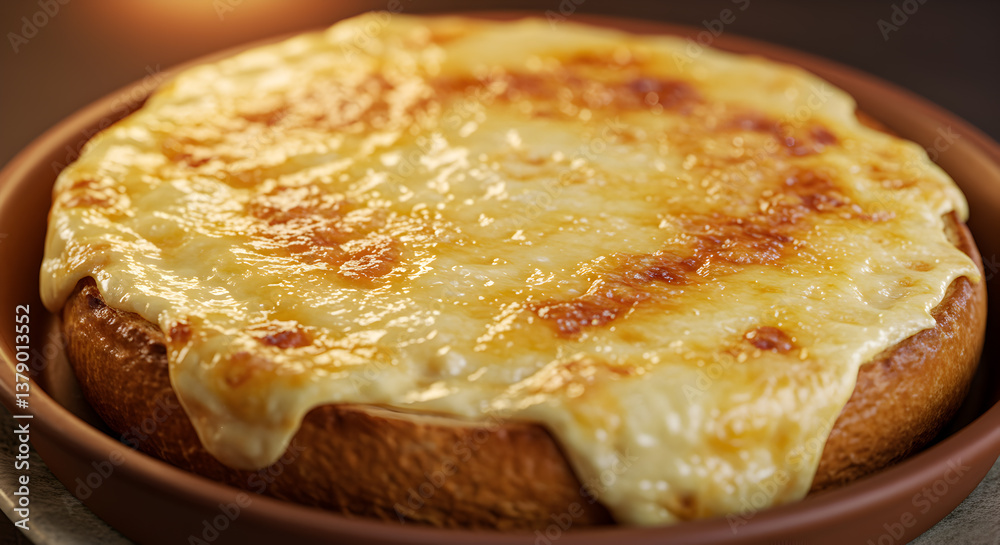 Delicious Welsh Rarebit with Melted Cheese in a Traditional Dish Close-Up Delicious Welsh Rarebit with Melted Cheese in a Traditional Dish Close-Up