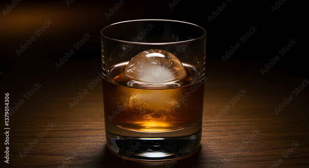 Whiskey cocktail with an ice sphere, elegantly displayed on a dark surface Whiskey cocktail with an ice sphere, elegantly displayed on a dark surface