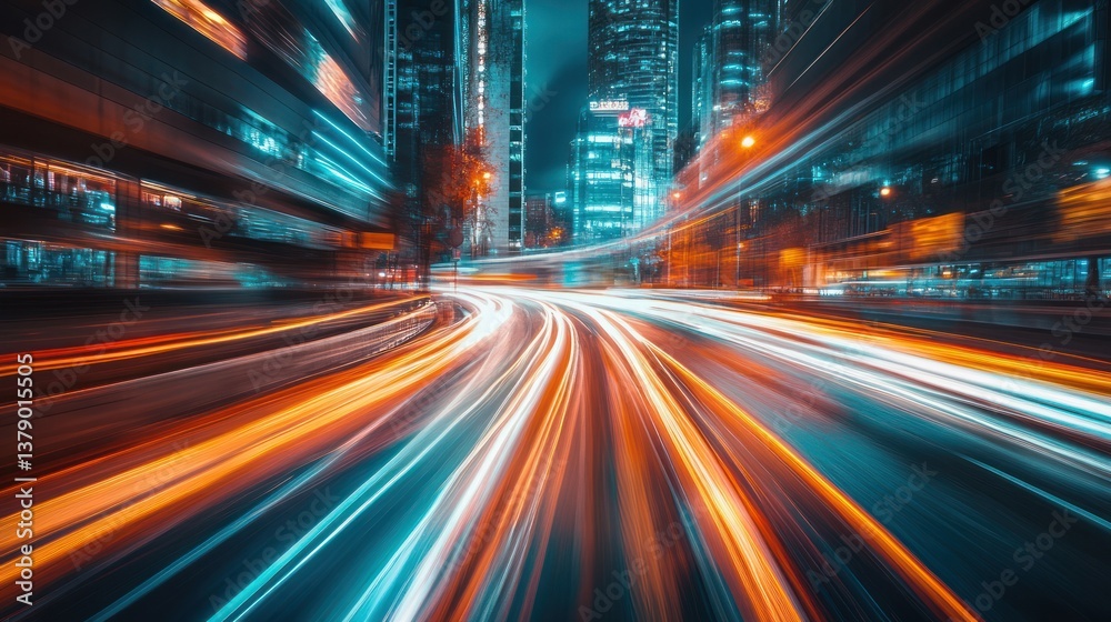 A dynamic nighttime city scene with illuminated streaks of light A dynamic nighttime city scene with illuminated streaks of light