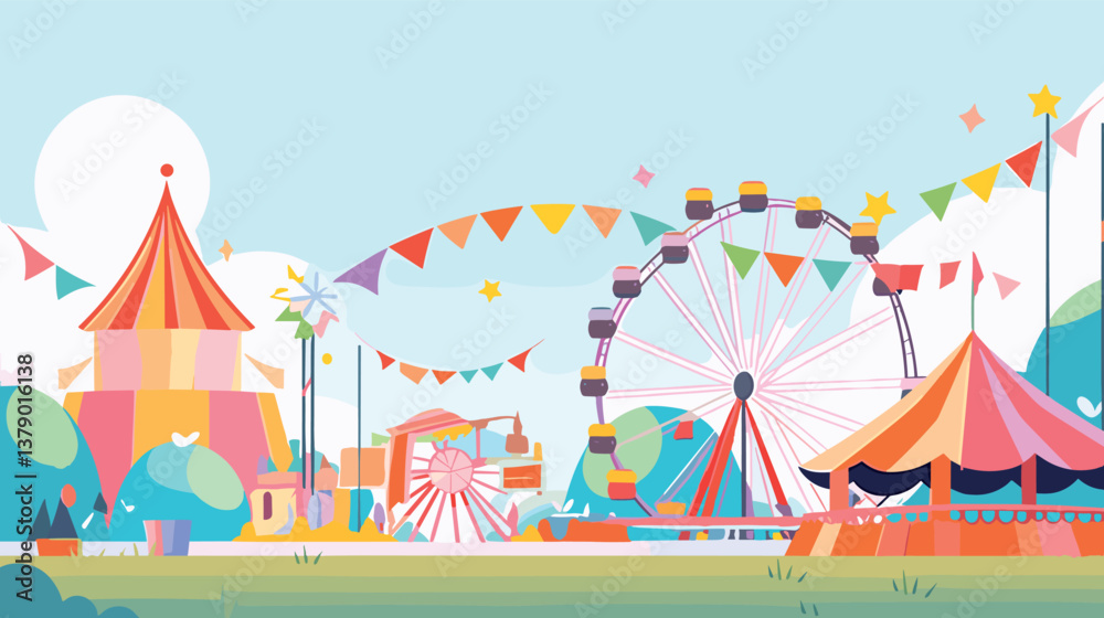 Colorful cartoon amusement park with ferris wheel and tents in a cheerful landscape