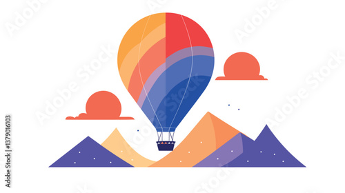 Colorful hot air balloon over stylized mountains and clouds