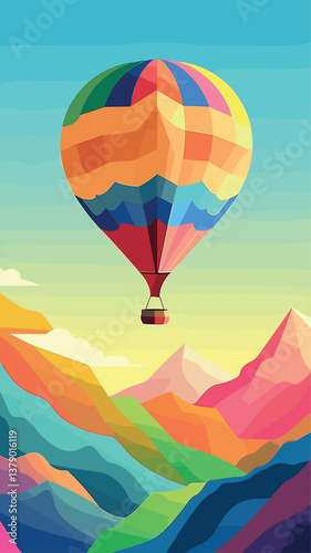 Colorful hot air balloon over vibrant geometric mountains under blue sky